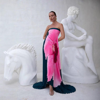 SVCD000009 Summer women's dress with pleated positioning print and a strapless big swing