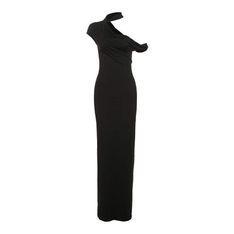 Stylish and elegant long dress with a solid color diagonal collar and off-the-shoulder slimming