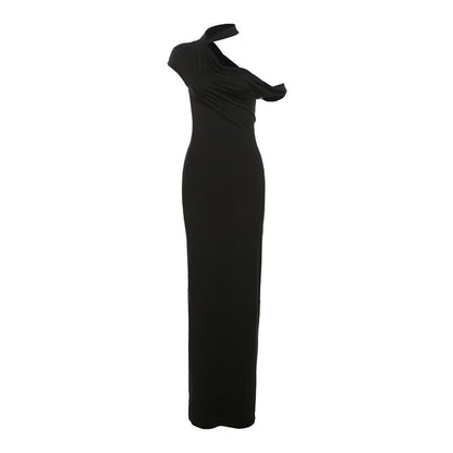 Stylish and elegant long dress with a solid color diagonal collar and off-the-shoulder slimming