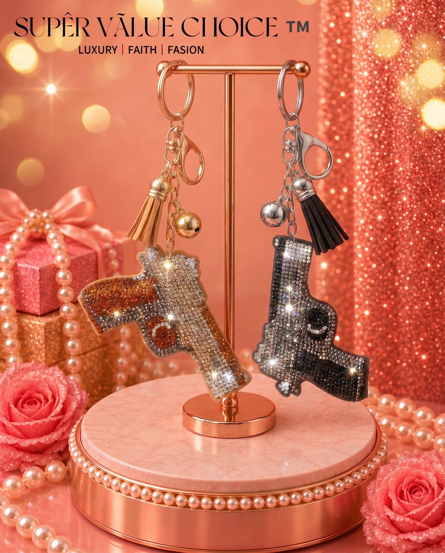 SUPERVALUECHOICE HCSESA00042 Rhinestone Gun Keychain & Brooch Sparkly Accessory