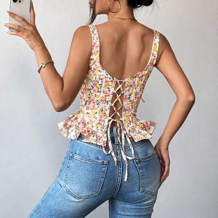 SVCST000017 Adjustable floral lace-up, fishbone corset, cinched waist, ruffled strappy vest