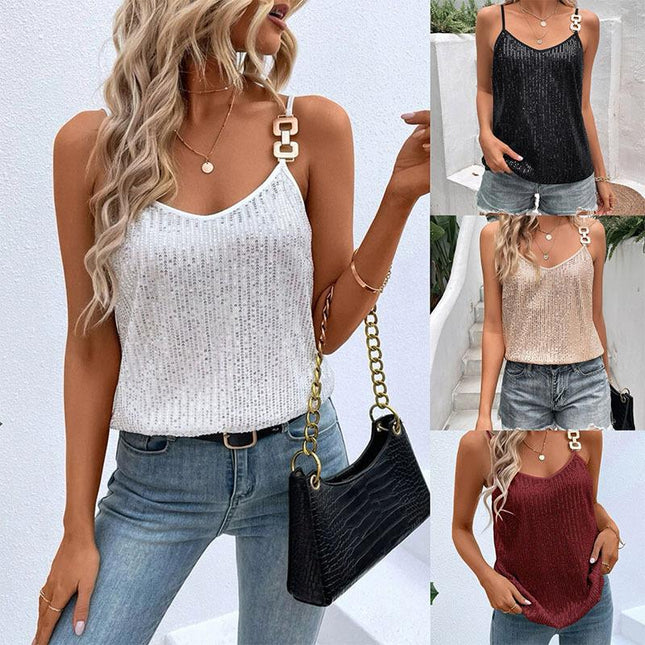 SVCT000090 Women's Summer Sleeveless  V Neck Wear a suit for the banquet and annual meeting with a sequined halter top inside