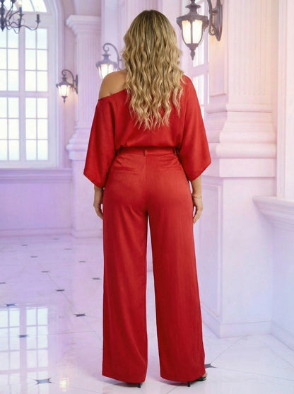 SUPERVALUECHOIC HCSEW00041 Tamale Festival 2pieceset Vacation Quiet luxury, loud presence lookbook 2026 JUMPSUITS Maxi Outfit  hides my lower belly SpringRed Satin-Soft Stretchy  Puff Sleeve  & Lantern Pants – Curve-Hugging, UPF50+ Womenswear casual