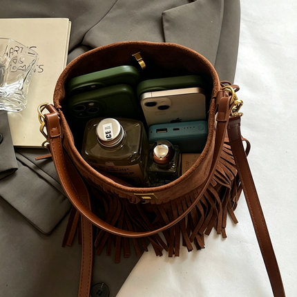 SuperValueChoice HCSEFA00038 Vintage Suede Fringe Bucket Bag Women Shoulder Crossbody Purse