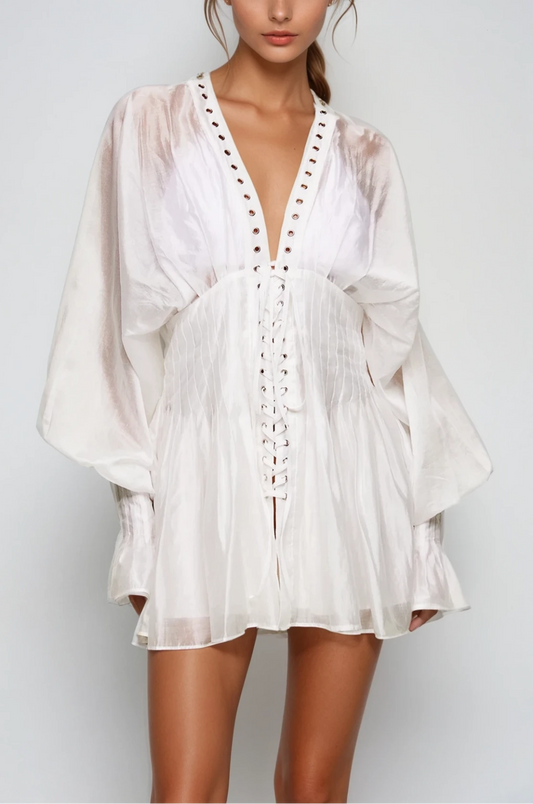 SUPERVALUECHOICE HCSEAA00014 Sheer Lace-Up Corset Mini Dress - Long Sleeve V-Neck Vacation Coverup