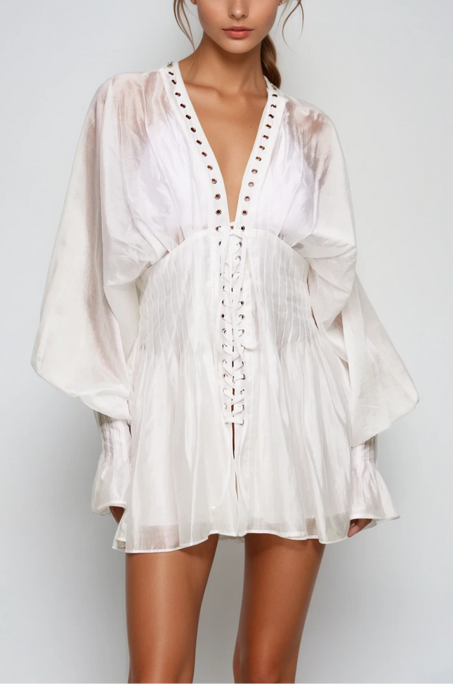 SUPERVALUECHOICE HCSEAA00014 Sheer Lace-Up Corset Mini Dress - Long Sleeve V-Neck Vacation Coverup