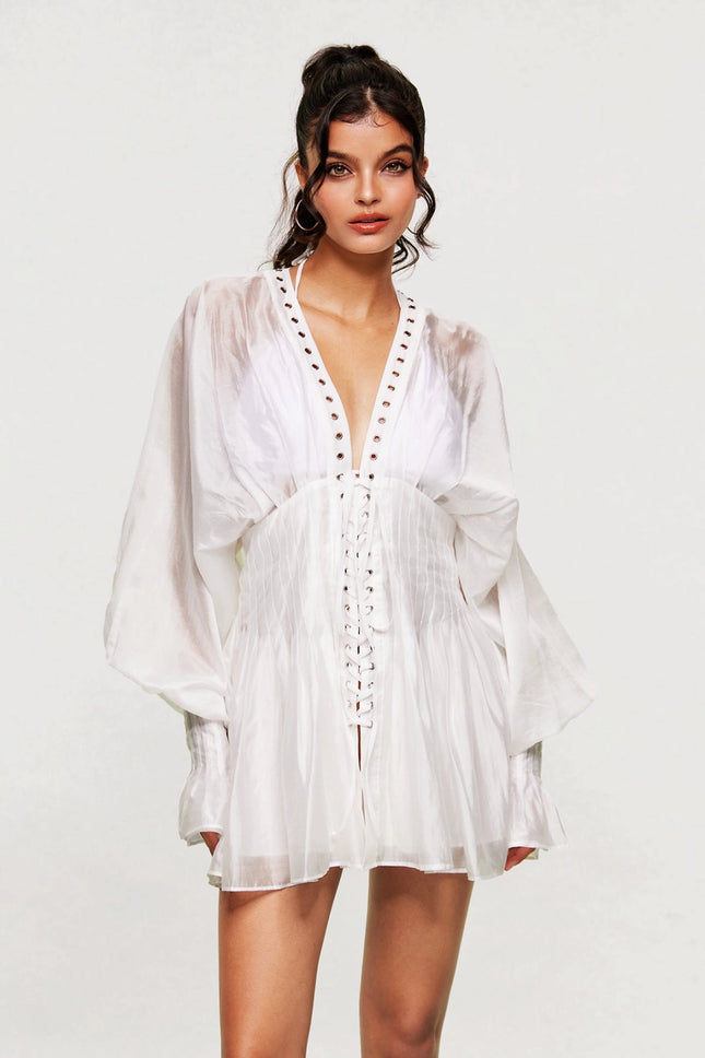 SUPERVALUECHOICE HCSEAA00014 Sheer Lace-Up Corset Mini Dress - Long Sleeve V-Neck Vacation Coverup