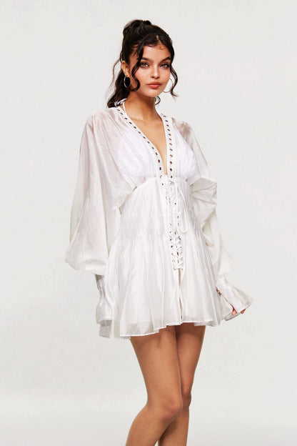 SUPERVALUECHOICE HCSEAA00014 Sheer Lace-Up Corset Mini Dress - Long Sleeve V-Neck Vacation Coverup