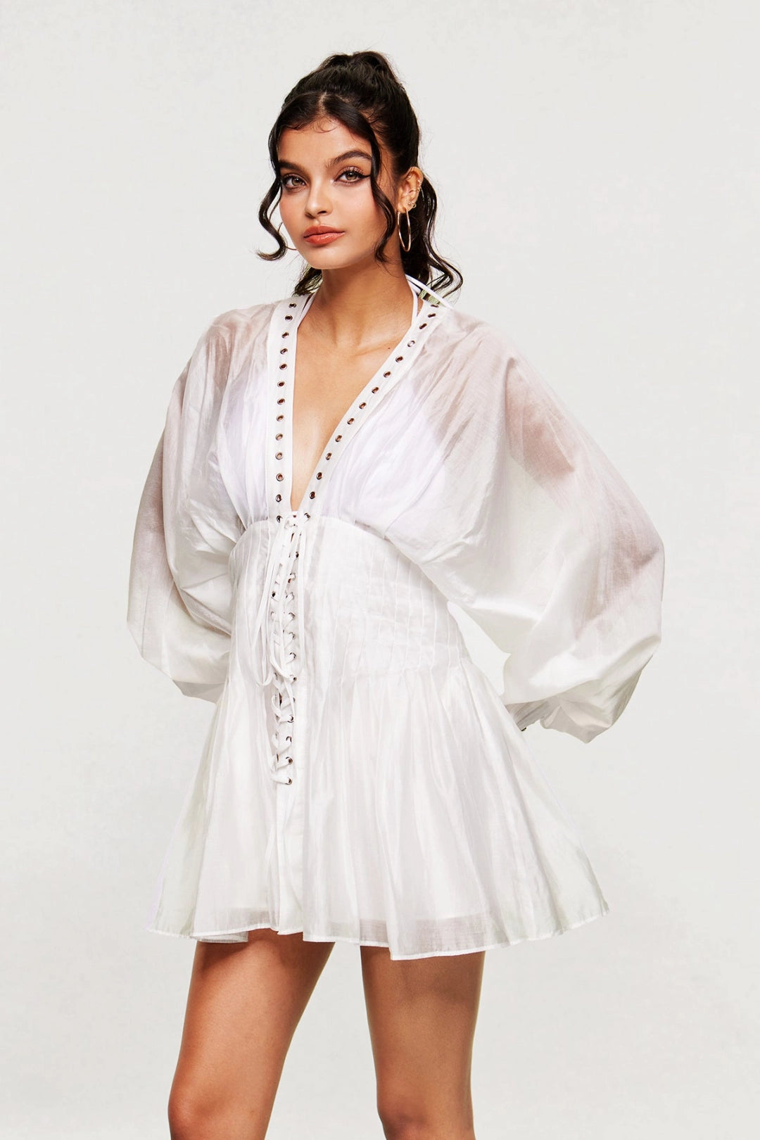SUPERVALUECHOICE HCSEAA00014 Sheer Lace-Up Corset Mini Dress - Long Sleeve V-Neck Vacation Coverup