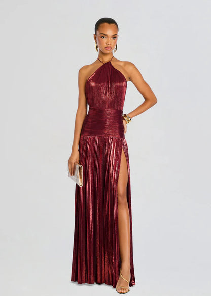 SUPERVALUECHOICE HCSEAA00002 Halter Neck Pleated Metallic Maxi Dress