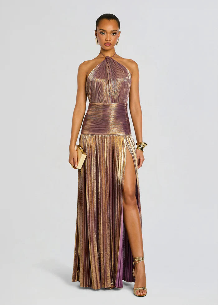 SUPERVALUECHOICE HCSEAA00002 Halter Neck Pleated Metallic Maxi Dress