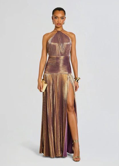 SUPERVALUECHOICE HCSEAA00002 Halter Neck Pleated Metallic Maxi Dress