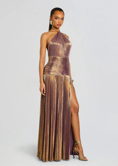 SUPERVALUECHOICE HCSEAA00002 Halter Neck Pleated Metallic Maxi Dress
