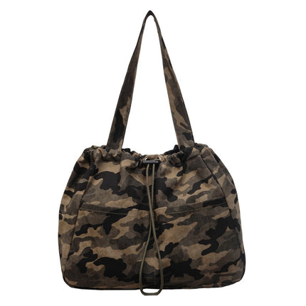 SuperValueChoice HCSEFA00061 Camouflage Canvas Tote Bag, Drawstring Large Capacity Shoulder Bag for Women Daily Commute