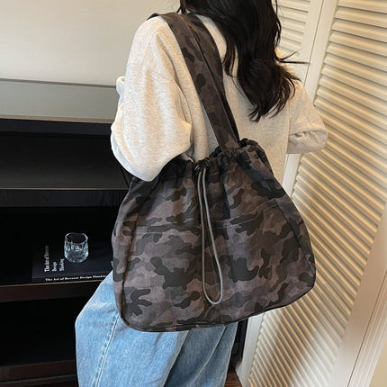 SuperValueChoice HCSEFA00061 Camouflage Canvas Tote Bag, Drawstring Large Capacity Shoulder Bag for Women Daily Commute