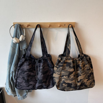 SuperValueChoice HCSEFA00061 Camouflage Canvas Tote Bag, Drawstring Large Capacity Shoulder Bag for Women Daily Commute