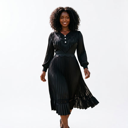 SUPERVALUECHOICE HCSEBA00013 Fringe V‑Neck Pleated Midi Dress, Long Bubble Sleeve Lace Trim Scalloped Waist Modest Formal Church Dress for Women, One Size