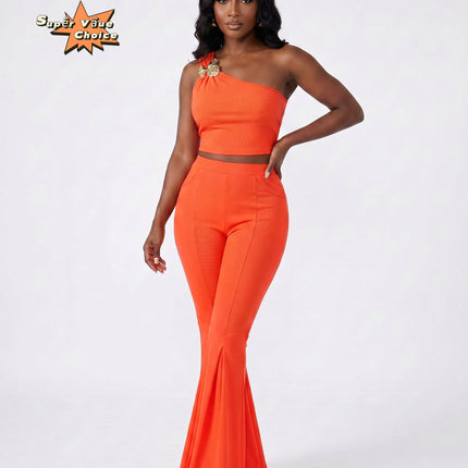 SUPERVALUECHOICE HCSEBB00001 One-Shoulder Crop Top & Flare Pants Two-Piece Set