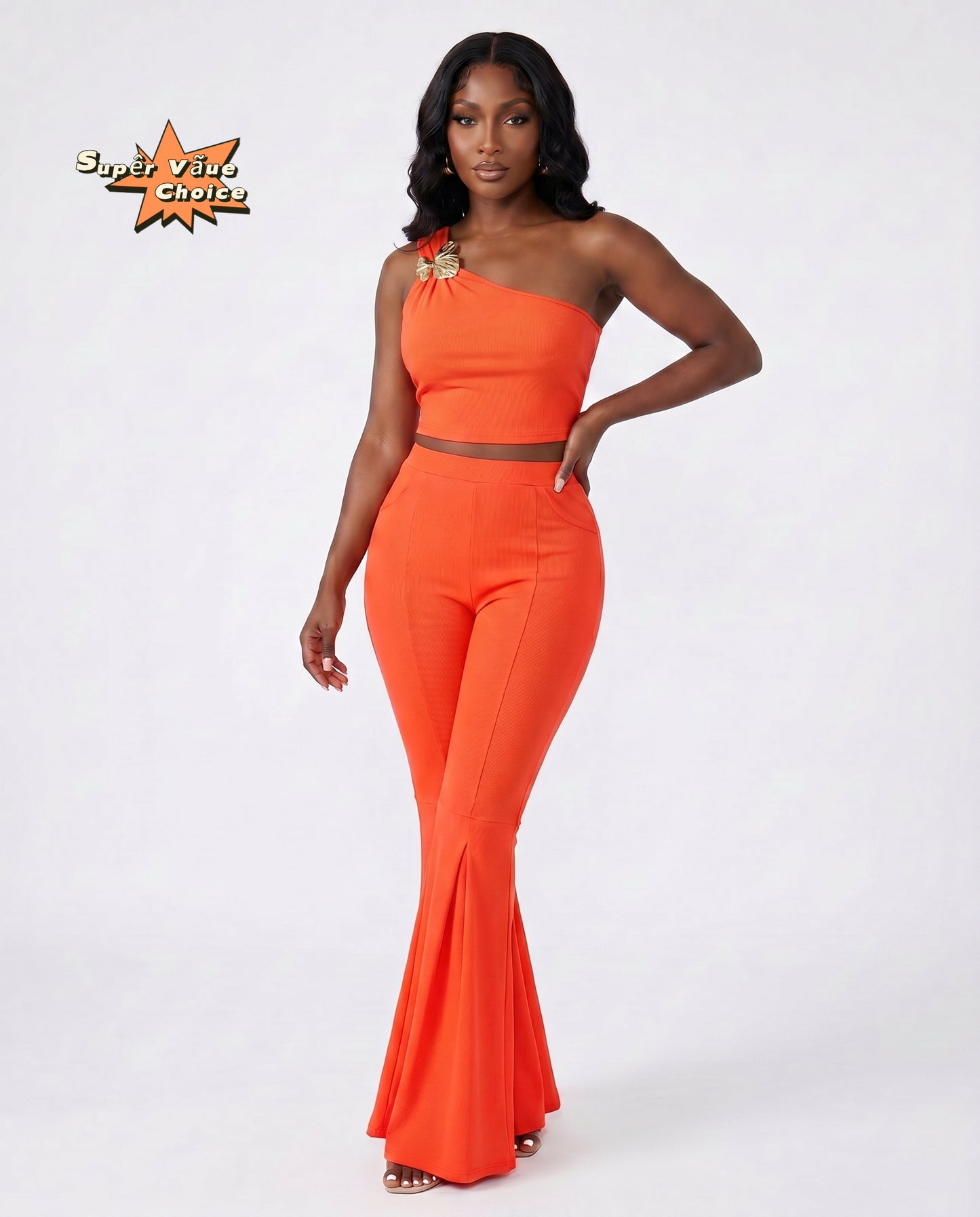SUPERVALUECHOICE HCSEBB00001 One-Shoulder Crop Top & Flare Pants Two-Piece Set