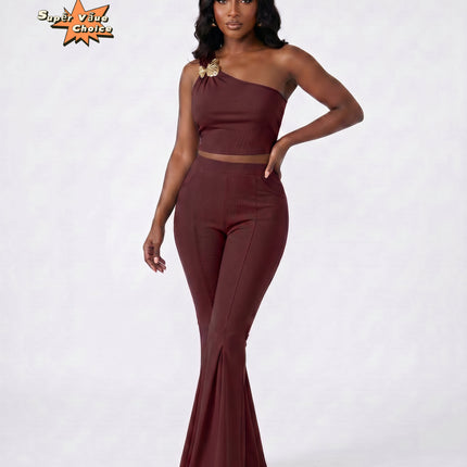 SUPERVALUECHOICE HCSEBB00001 One-Shoulder Crop Top & Flare Pants Two-Piece Set