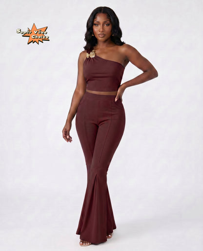 SUPERVALUECHOICE HCSEBB00001 One-Shoulder Crop Top & Flare Pants Two-Piece Set