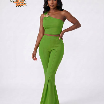 SUPERVALUECHOICE HCSEBB00001 One-Shoulder Crop Top & Flare Pants Two-Piece Set