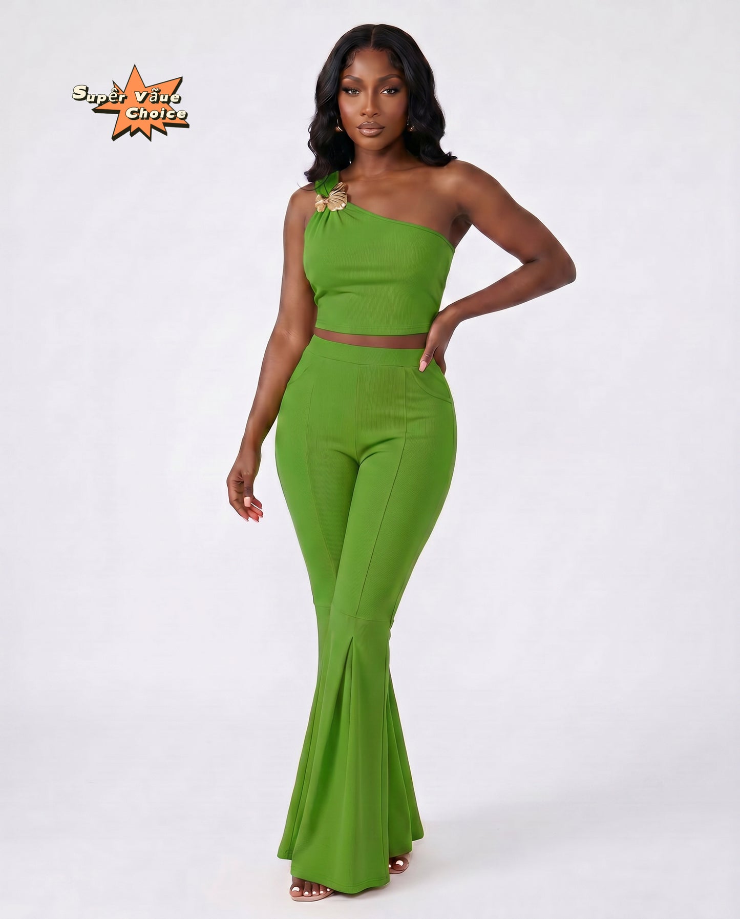 SUPERVALUECHOICE HCSEBB00001 One-Shoulder Crop Top & Flare Pants Two-Piece Set