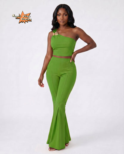 SUPERVALUECHOICE HCSEBB00001 One-Shoulder Crop Top & Flare Pants Two-Piece Set