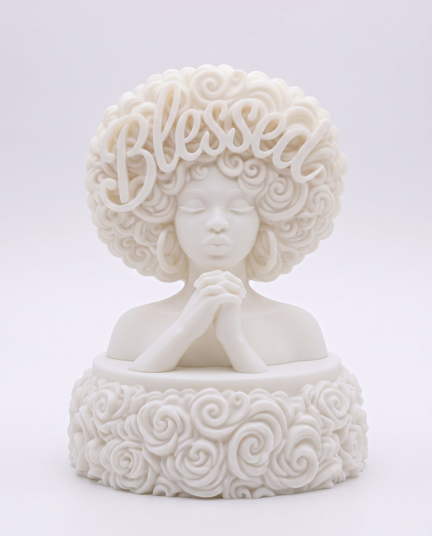 SUPERVALUECHOICE HCSEUA00084  Z-Blank White Praying African Female Bust Statue Blessed Letter Curly Hair Rose Base Paintable DIY Unpainted 3D Print Sculpture Craft Supply