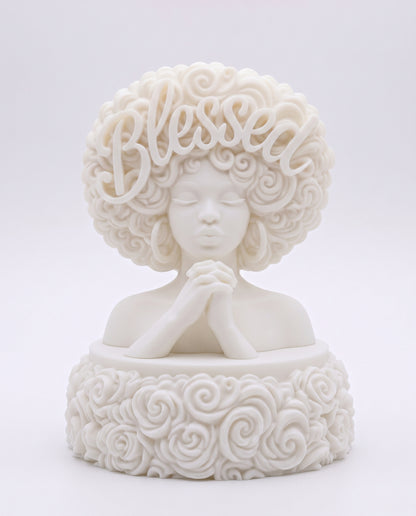 SUPERVALUECHOICE HCSEUA00084  Z-Blank White Praying African Female Bust Statue Blessed Letter Curly Hair Rose Base Paintable DIY Unpainted 3D Print Sculpture Craft Supply