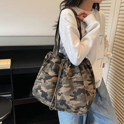 SuperValueChoice HCSEFA00061 Camouflage Canvas Tote Bag, Drawstring Large Capacity Shoulder Bag for Women Daily Commute
