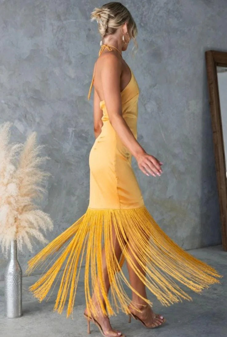SUPERVALUECHOICE HCSEAC00008 Halter Neck Satin Fringe Midi Dress