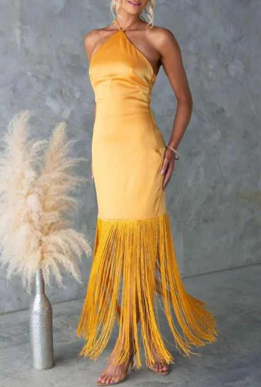 SUPERVALUECHOICE HCSEAC00008 Halter Neck Satin Fringe Midi Dress