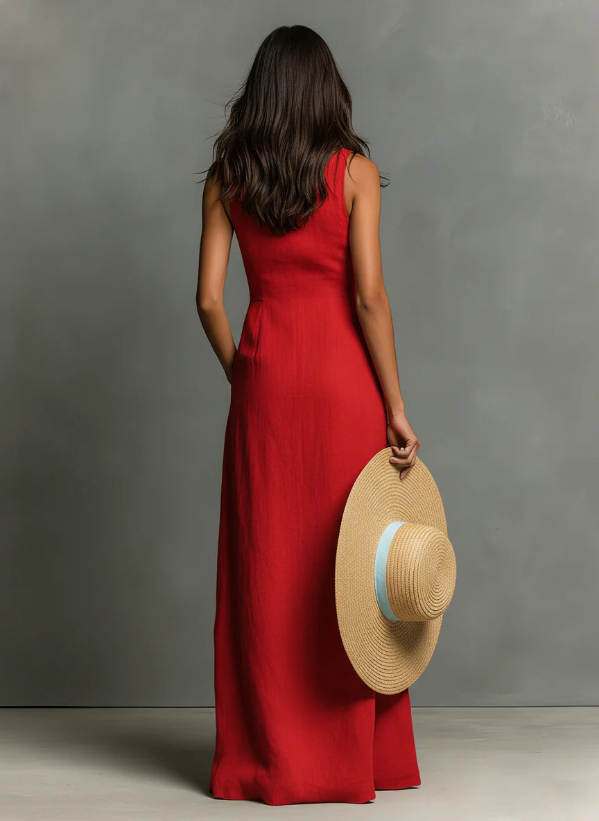 SUPERVALUECHOICE HCSEAA00036 Women's Minimalist  Collared Single-Breasted Sleeveless Maxi Shirt Dress