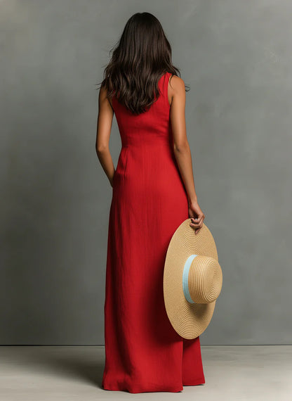 SUPERVALUECHOICE HCSEAA00036 Women's Minimalist  Collared Single-Breasted Sleeveless Maxi Shirt Dress