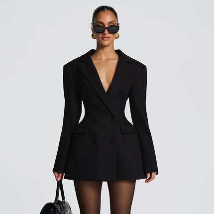 SUPERVALUECHOICE HCSEAC00025 Women Solid Blazer Dress Deep V Neck Design Waist Slim Fake Pocket Elegant Commuter Midi Dress