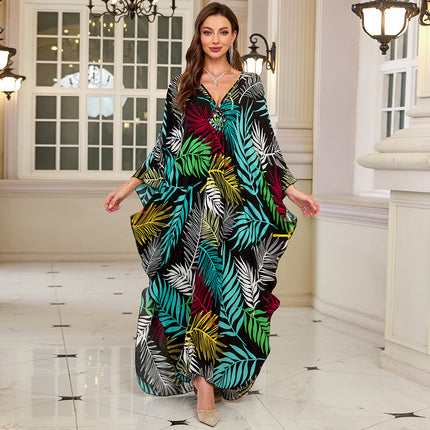 SUPERVALUECHOICE HCSEAD00010 Oversized Kaftan Maxi Dress, V‑Neck Batwing Sleeve Loose Long Caftan, Bohemian Beach Cover‑Up for Women, Plus Size Friendly