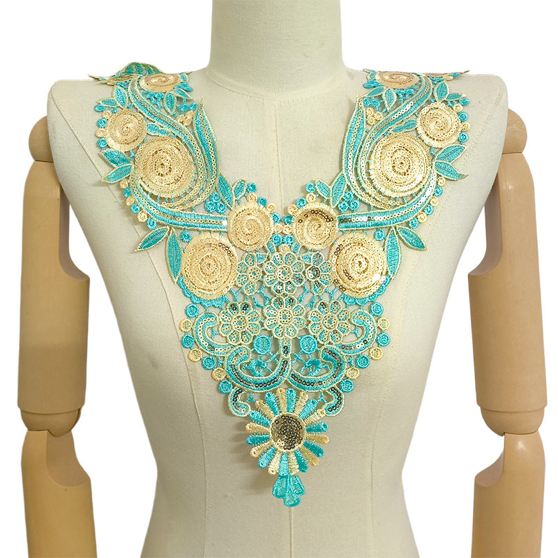 SUPERVALUECHOICE HCSEYB00093 Luxury Sparkly Sequin Floral V-Neck Guipure Lace Applique Rhinestone Accent Neck Trim for Wedding Formal Dress DIY Craft Supply 14.56'' X 17.32''