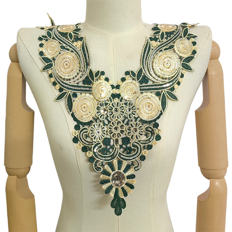 SUPERVALUECHOICE HCSEYB00093 Luxury Sparkly Sequin Floral V-Neck Guipure Lace Applique Rhinestone Accent Neck Trim for Wedding Formal Dress DIY Craft Supply 14.56'' X 17.32''