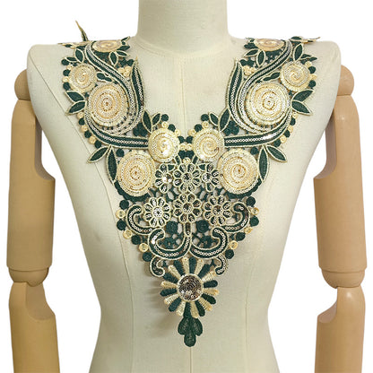 SUPERVALUECHOICE HCSEYB00093 Luxury Sparkly Sequin Floral V-Neck Guipure Lace Applique Rhinestone Accent Neck Trim for Wedding Formal Dress DIY Craft Supply 14.56'' X 17.32''