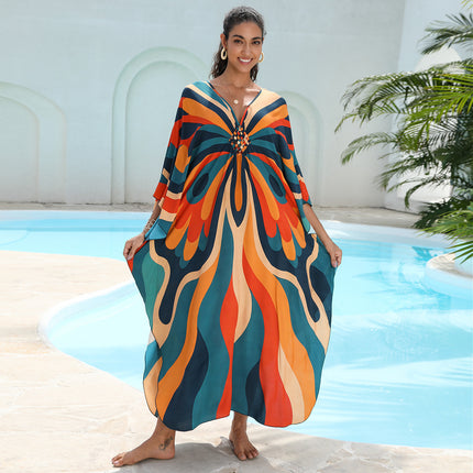SUPERVALUECHOICE HCSEAD00006 Oversized Kaftan Maxi Dress, V‑Neck Batwing Sleeve Loose Long Caftan, Bohemian Beach Cover‑Up for Women, Plus Size Friendly