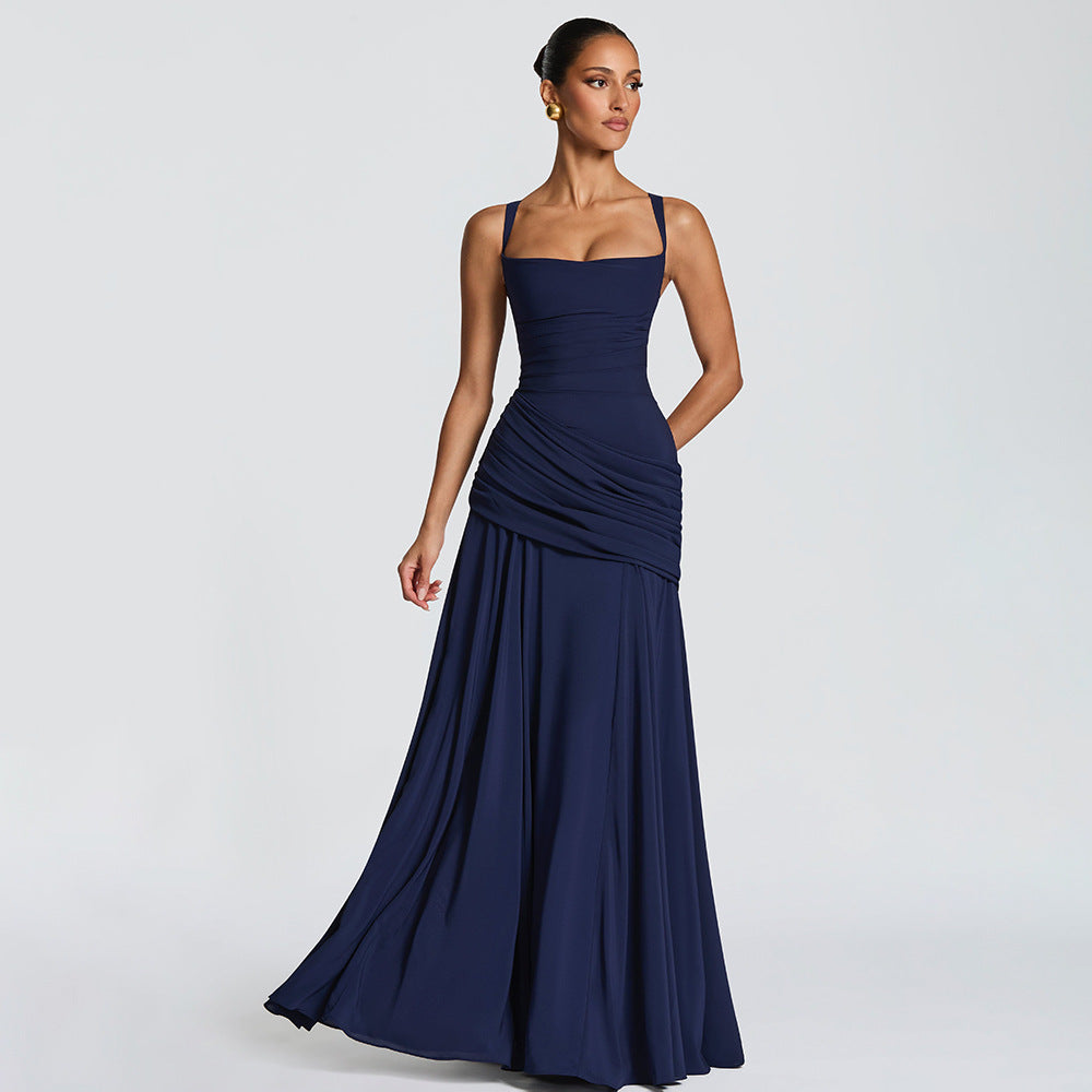 SUPERVALUECHOICE HCSEAA00004 Square Neck Ruched Waist Chiffon Maxi Dress