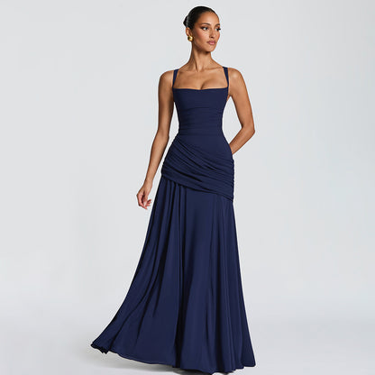 SUPERVALUECHOICE HCSEAA00004 Square Neck Ruched Waist Chiffon Maxi Dress