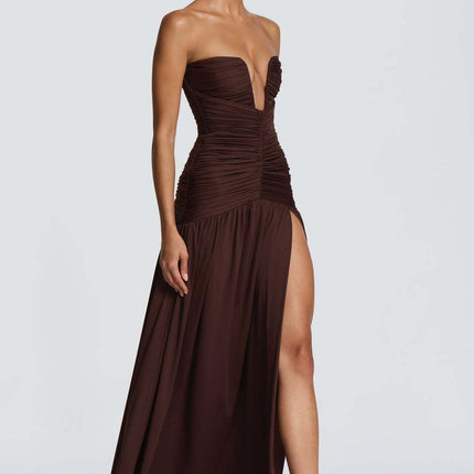 SUPERVALUECHOICE HCSEAA00073 Women’s Strapless Ruched Backless Maxi Dress – Sexy High Slit Draped Evening Gown for Wedding Guest, Prom & Formal Party
