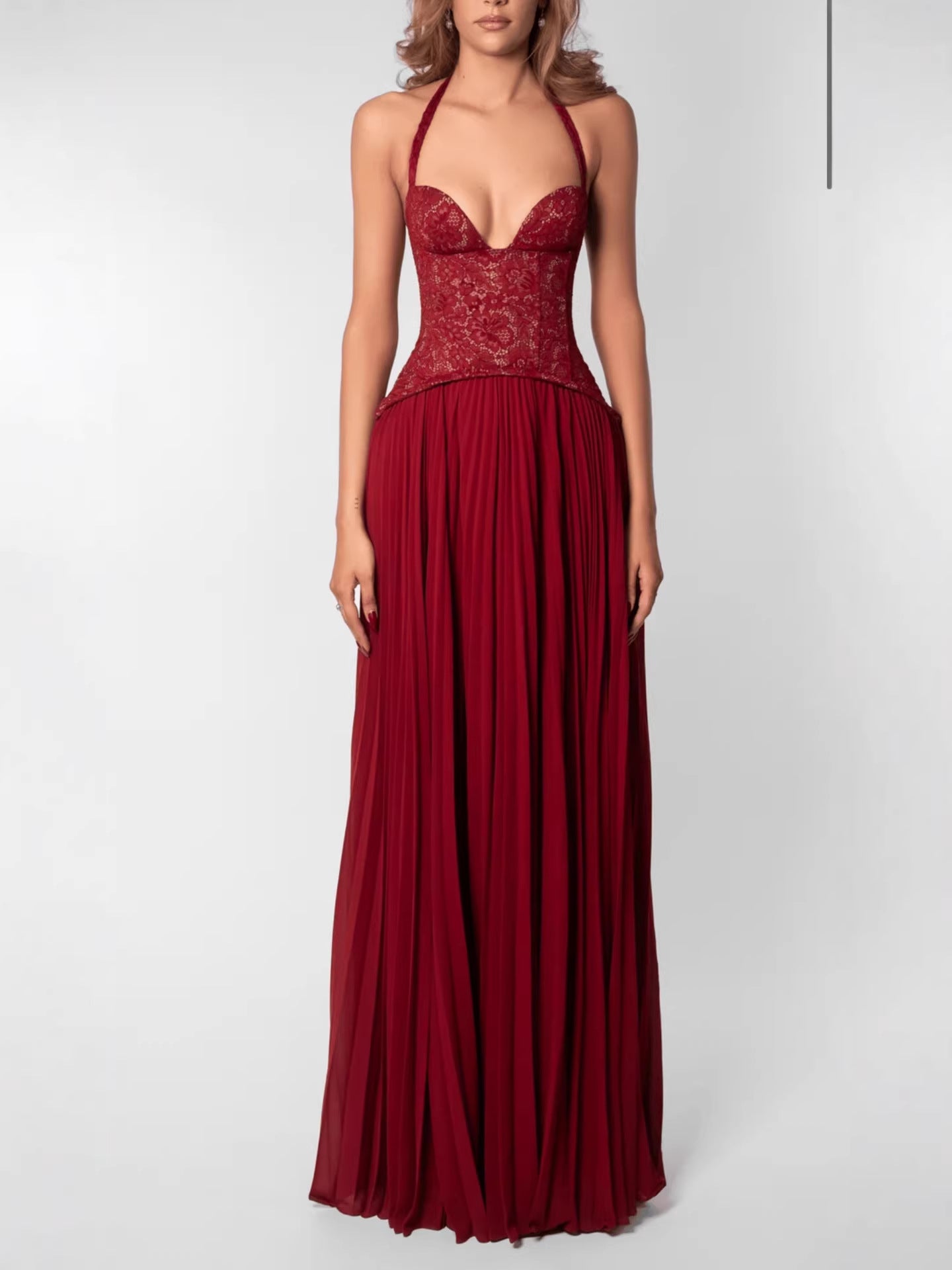 SUPERVALUECHOICE HCSEAA00029 Halter Lace Corset Pleated Maxi Dress