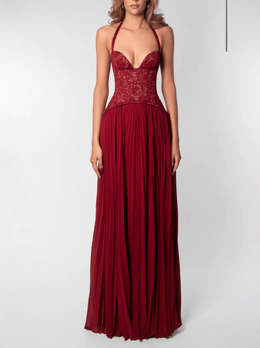 SUPERVALUECHOICE HCSEAA00029 Halter Lace Corset Pleated Maxi Dress