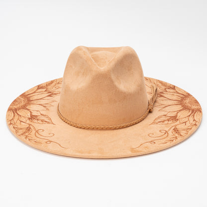 SUPERVALUECHOICE HCSEK00007 Vintage Sunflower Laser Engraved Suede Fedora Hat, Wide Brim Western Cowboy Knight Hat for Travel & Outdoor Photoshoot