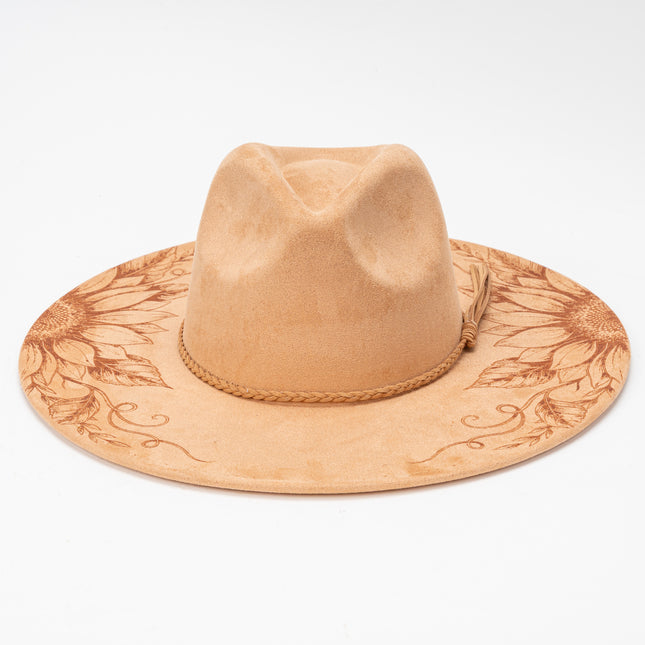 SUPERVALUECHOICE HCSEK00007 Vintage Sunflower Laser Engraved Suede Fedora Hat, Wide Brim Western Cowboy Knight Hat for Travel & Outdoor Photoshoot