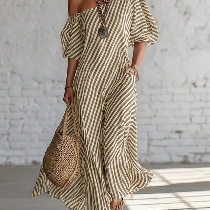 SUPERVALUECHOICE HCSEAA00050 Striped One-Shoulder Puff Sleeve Maxi Dress