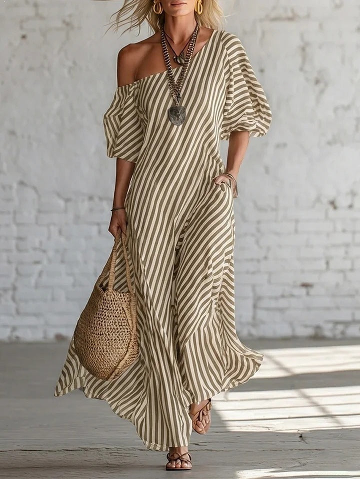 SUPERVALUECHOICE HCSEAA00050 Striped One-Shoulder Puff Sleeve Maxi Dress